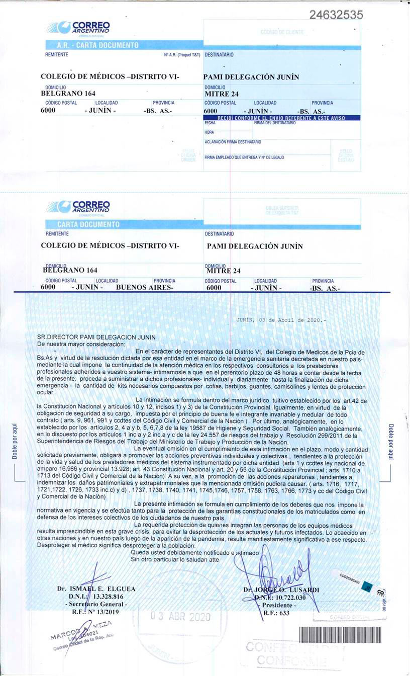 Colegio de Médicos Distrito VI | Carta Documento Pami